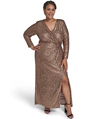 Jessica Howard Plus Sequin Twist-Front Long Sleeve Gown