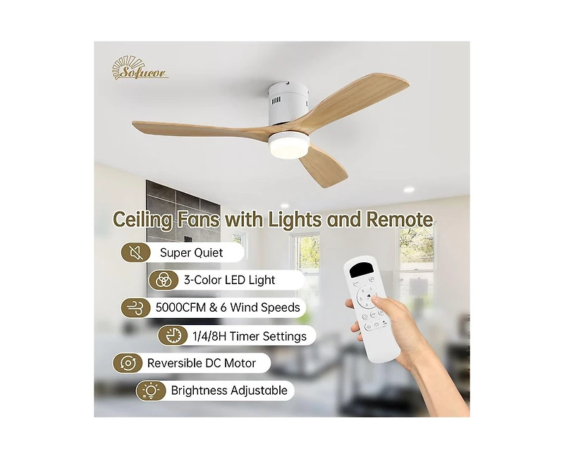 52-inch Modern White 3 Solid Wood Blades Flush Mount Tri color Adjustable Ceiling Fan Light with Remote Control and Forward Reverse Rotation Function