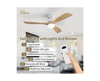 52-inch Modern White 3 Solid Wood Blades Flush Mount Tri color Adjustable Ceiling Fan Light with Remote Control and Forward Reverse Rotation Function