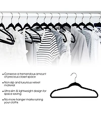 100 Piece Set of Velvet Slim Profile Heavy Duty Felt Hangers with Stainless Steel Swivel Hooks in Black
