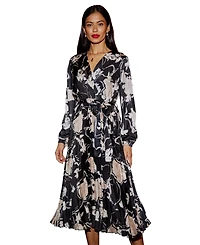 Yumi Women's Floral Satin Long Sleeve Midi Dress