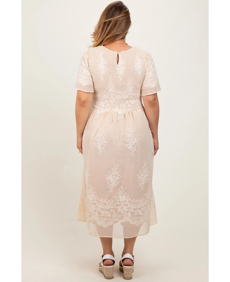Pinkblush Plus Cream Embroidered Smocked Midi Dress