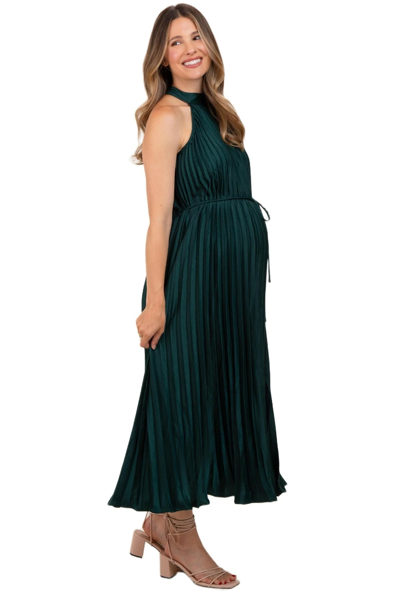 Pinkblush Women's Forest Green Pleated Halter Dress