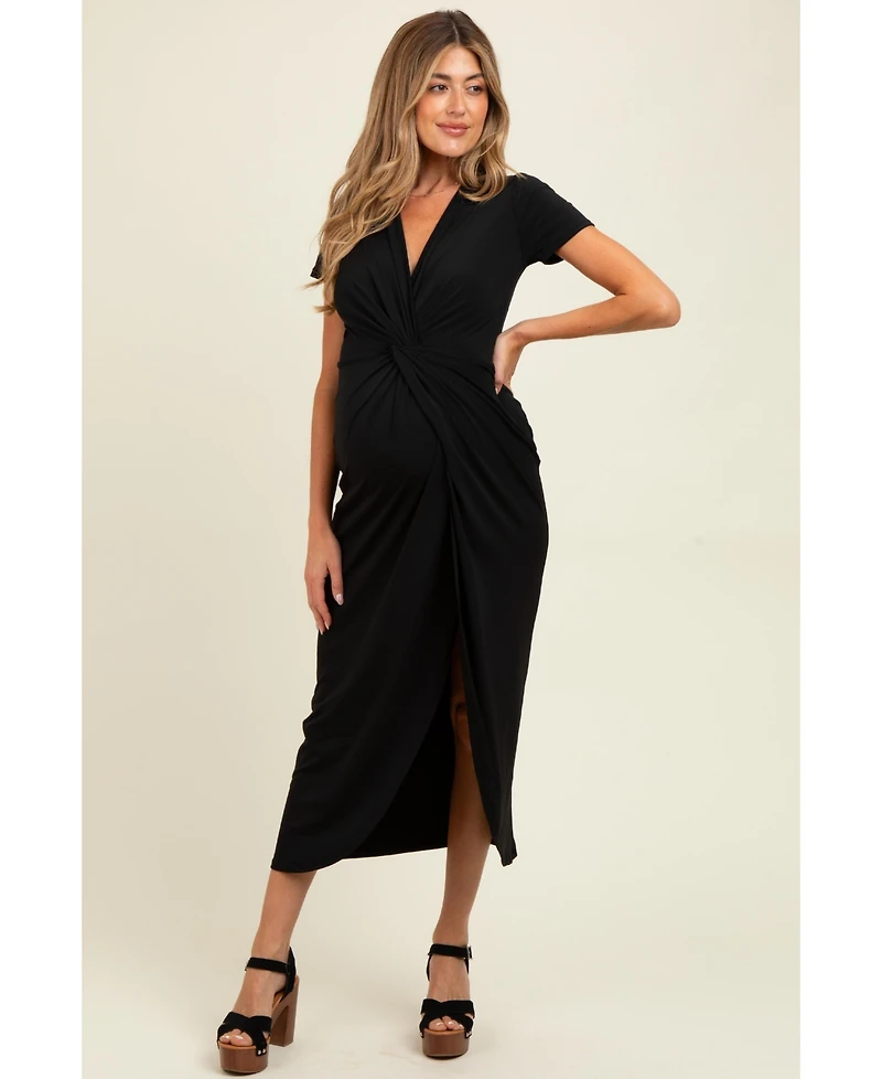 Pinkblush Maternity Black Gathered Front Short Sleeve Maxi Dress
