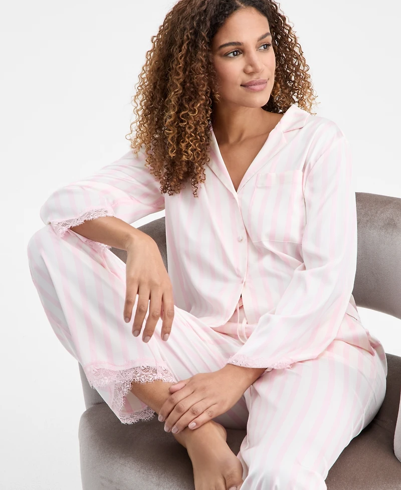 I.n.c. International Concepts Women's Long-Sleeve Lace Trim Boxy Satin Notch Set, Created for Macy's