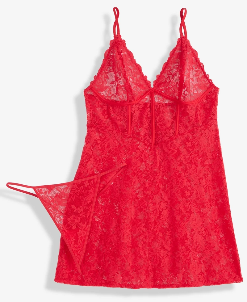 I.n.c. International Concepts Women's 2 Pc. Stretch Lace Chemise and Thong, Created for Macy's