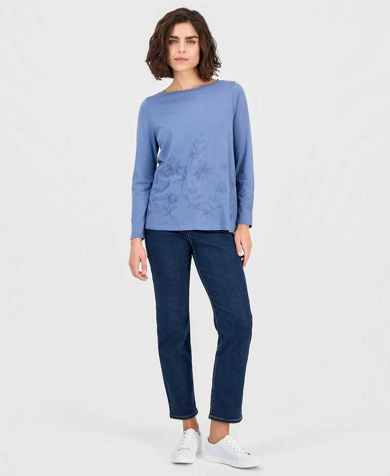 Style & Co Women's Embroidered Boat-Neck Long-Sleeve Top, Macy's Exclusive