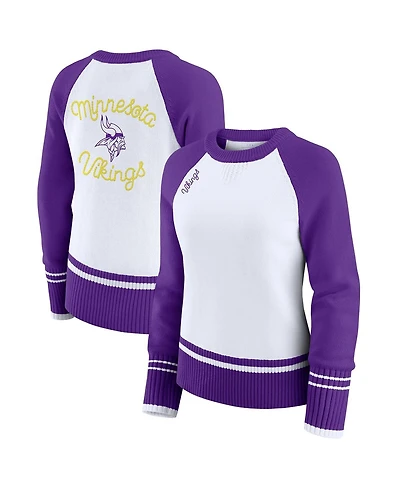 Wear by Erin Andrews Women's White/Purple Minnesota Vikings Color Block Raglan Sweater