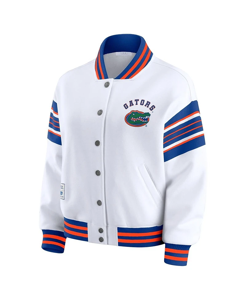 Wear by Erin Andrews Women's White/Royal Florida Gators Satin Stitch Full-Snap Fleece Sweatshirt Jacket