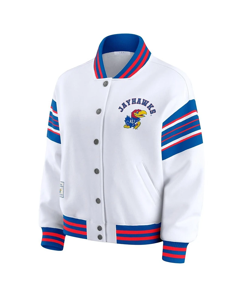 Wear by Erin Andrews Women's White/Royal Kansas Jayhawks Satin Stitch Full-Snap Fleece Sweatshirt Jacket