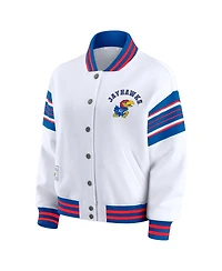 Wear by Erin Andrews Women's White/Royal Kansas Jayhawks Satin Stitch Full-Snap Fleece Sweatshirt Jacket