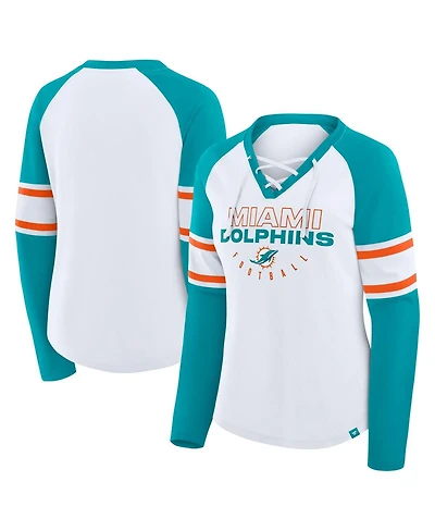 Fanatics Women's White/Aqua Miami Dolphins Redzone Blitz Package Raglan Lace-Up V-Neck Long Sleeve T-Shirt