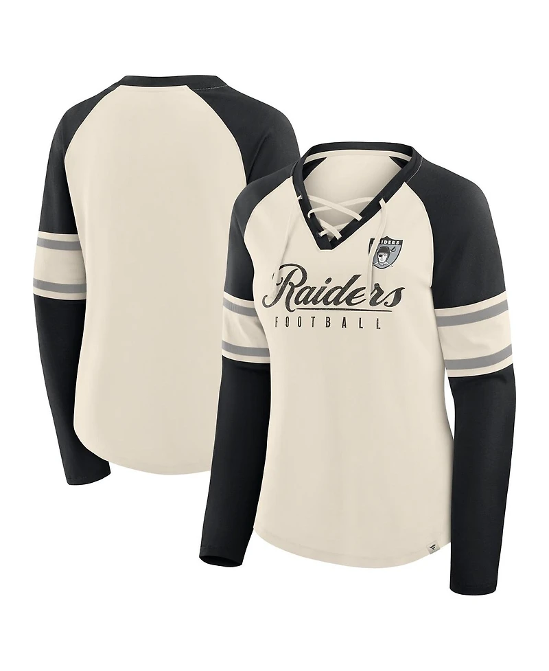 Fanatics Women's Cream/Black Las Vegas Raiders Hometown Gridiron Hero Raglan Lace-Up V-Neck Long Sleeve T-Shirt