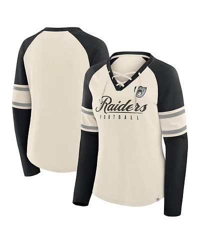 Fanatics Women's Cream/Black Las Vegas Raiders Hometown Gridiron Hero Raglan Lace-Up V-Neck Long Sleeve T-Shirt