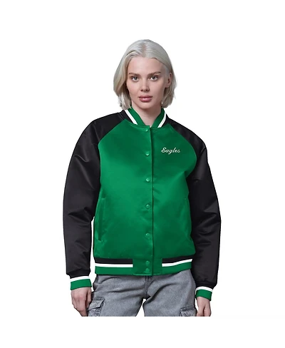 Starter Women's Kelly Green/Black Philadelphia Eagles Satin Full-Snap Vintage Varsity Jacket