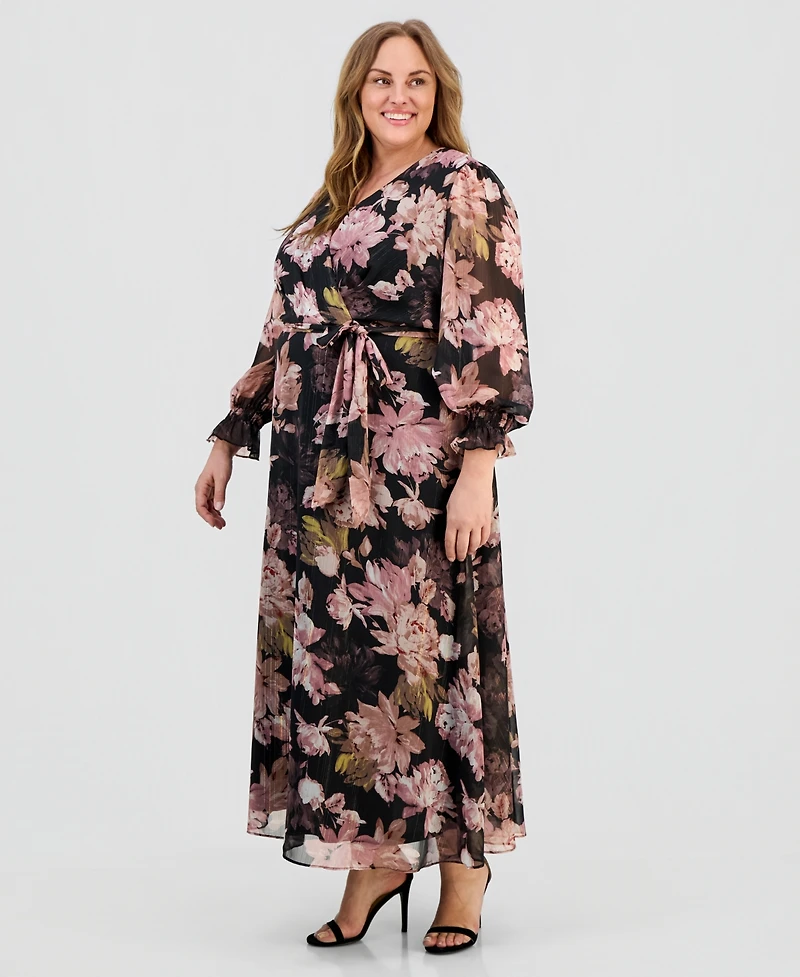 Anne Klein Plus V-Neck Belted Long-Sleeve Maxi Dress