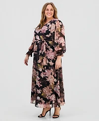 Anne Klein Plus V-Neck Belted Long-Sleeve Maxi Dress