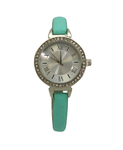 Mint Rhinestone Skinny Leather Strap Watch