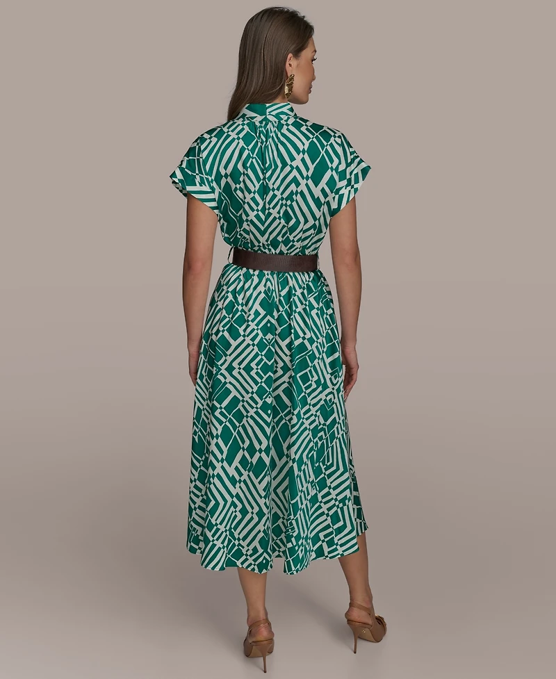 Donna Karan New York Women's Short-Sleeve Printed V-Neck A-Line Dress with Waist Belt