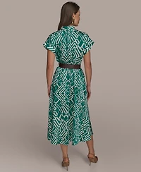 Donna Karan New York Women's Short-Sleeve Printed V-Neck A-Line Dress with Waist Belt
