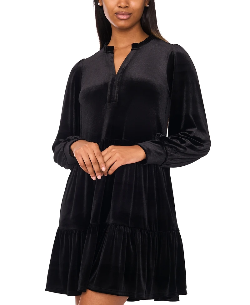 Msk Women's Split-Neck Blouson-Sleeve Tiered Velvet Shift Dress