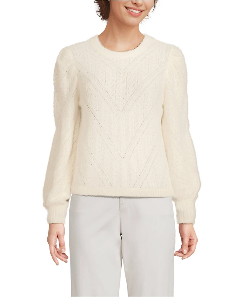 Lands' End Women's Eyelash Fuzzy Pointelle Puff Sleeve Sweater