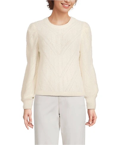 Lands' End Women's Eyelash Fuzzy Pointelle Puff Sleeve Sweater