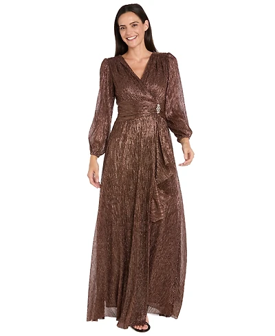 R & M Richards Petite Long Sleeve Crinkle Pleated Ruffle Cascade Dress