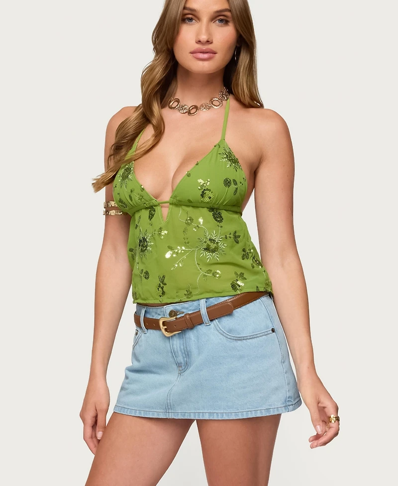 Edikted Women's Kiki Sequin Floral Chiffon Halter Top