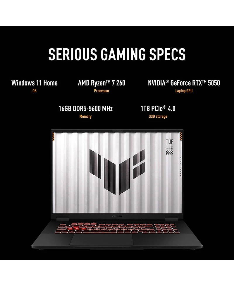 Asus Tuf Gaming A18 FA808UH 18" Wuxga 144Hz Gaming Laptop, Amd Ryzen 7 260 3.8GHz, 16GB Ram, 1TB Ssd, Nvidia GeForce Rtx 5050 8GB, Windows 11 Hom