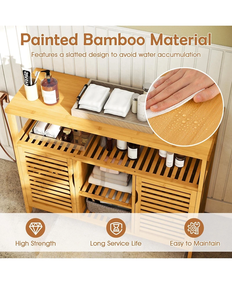 Gymax Bamboo Bathroom Cabinet 2-Door Storage Organizer w/ Shelves for Living Room