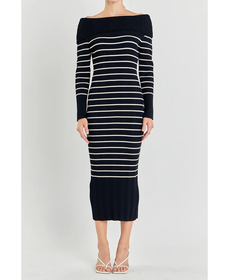 endless rose Women's Off Shoulder Fold Striped Maxi Dress