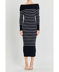 endless rose Women's Off Shoulder Fold Striped Maxi Dress