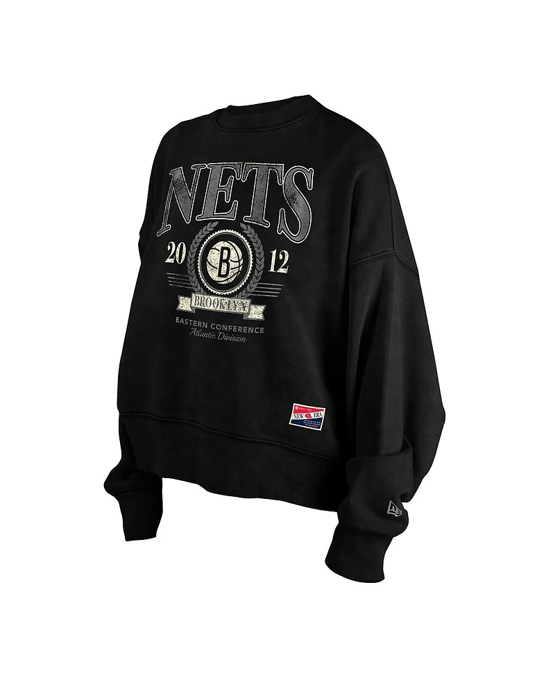 New Era Women's Black Brooklyn Nets Throwback Enzyme Wash Oversized Boxy Pullover Sweatshirt