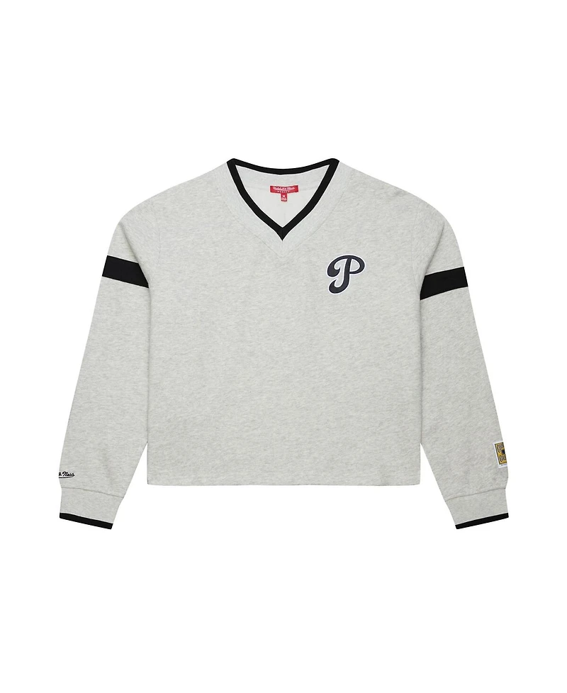 Mitchell & Ness Women's Heather Gray Philadelphia Phillies Cooperstown Collection V-Neck Cropped Toggle Sweatshirt