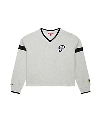 Mitchell & Ness Women's Heather Gray Philadelphia Phillies Cooperstown Collection V-Neck Cropped Toggle Sweatshirt