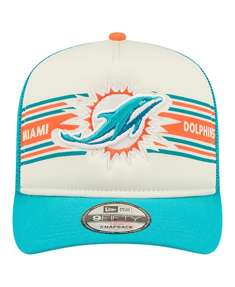 New Era Men's Cream/Aqua Miami Dolphins Banner A-Frame 9FIFTY Trucker Snapback Hat