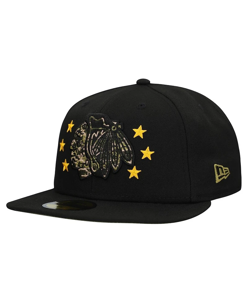 New Era Men's Black Chicago Blackhawks Military Appreciation Digital Camo Stars 59FIFTY Fitted Hat