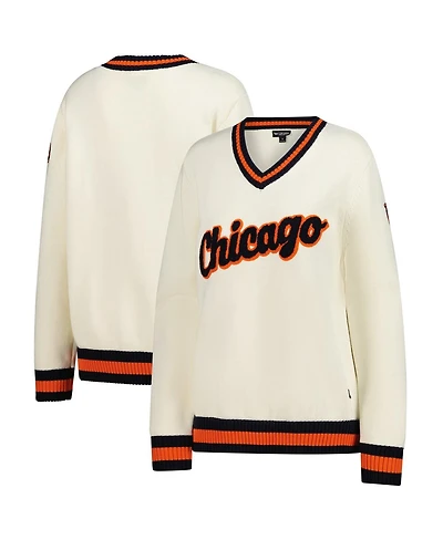 The Wild Collective Women's Cream Chicago Bears Jacquard V-Neck Sweater