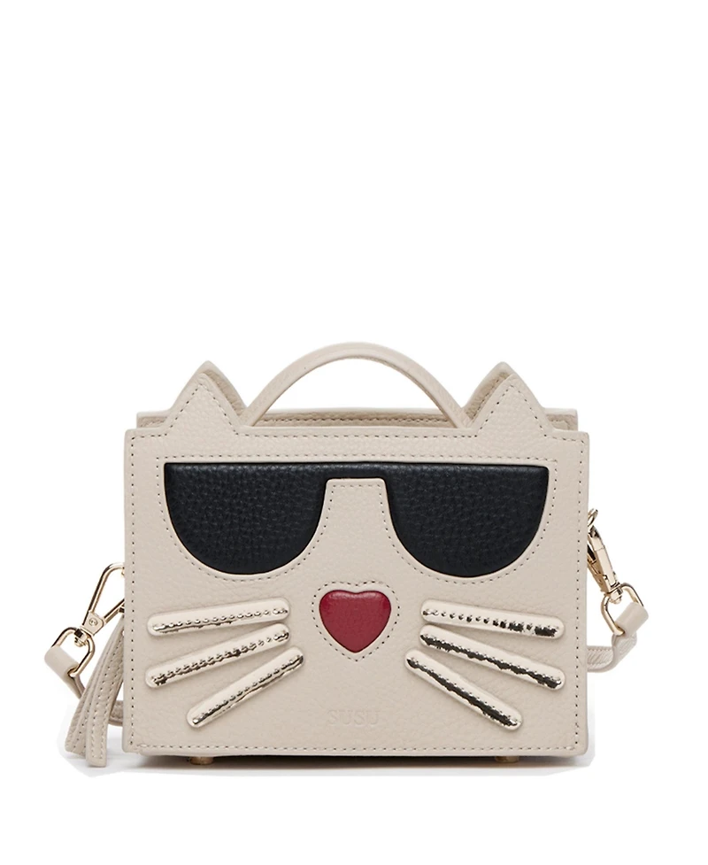 Pebble Leather Cat Crossbody Bag Cute Top Handle Purse Small Shoulder Handbag for Women & Girls with Gold Hardware and Detachable Strap