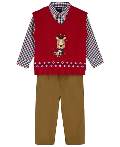 Izod Baby Boys 3-Piece Holiday Reindeer Sweater Vest, Shirt and Pants Set