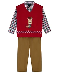 Izod Baby Boys 3-Piece Holiday Reindeer Sweater Vest, Shirt and Pants Set