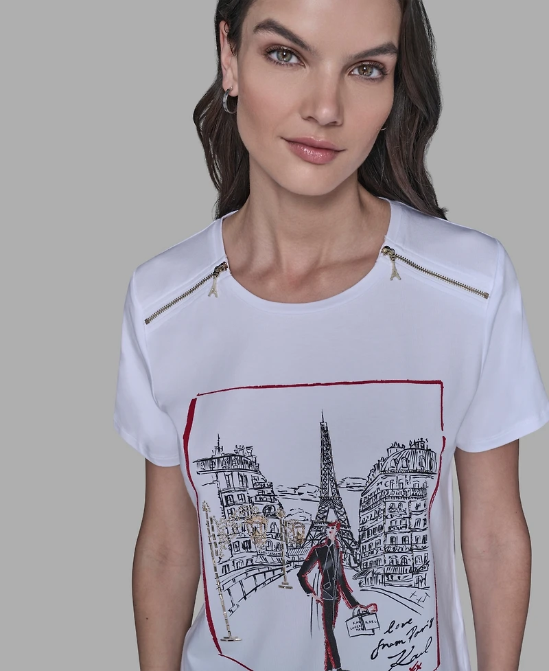 Karl Lagerfeld Paris Women's Zip-Shoulder T-Shirt