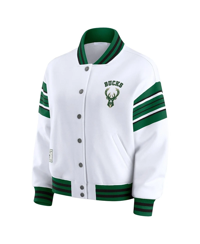Wear by Erin Andrews Women's White Milwaukee Bucks Snap Front Fleece Sweatshirt