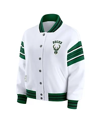 Wear by Erin Andrews Women's White Milwaukee Bucks Snap Front Fleece Sweatshirt