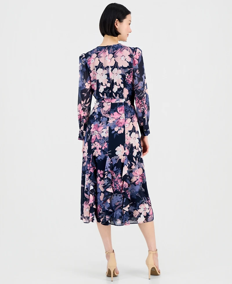Tahari Asl Women's Floral Long-Sleeve Ruffled Dress
