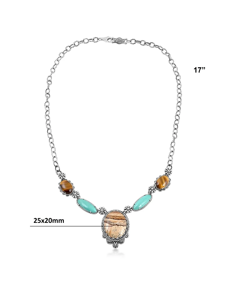 American West Jewelry Sterling Silver Picture Jasper, Green Turquoise and Tiger's Eye Concha Station Necklace, 17 to 20 Inches
