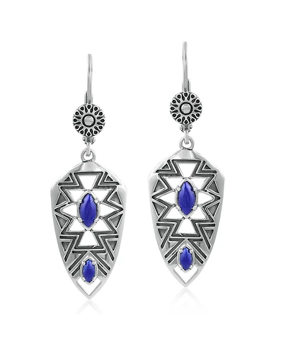 American West Jewelry Sterling Silver Marquise Lapis Patterned Lever Back Earrings