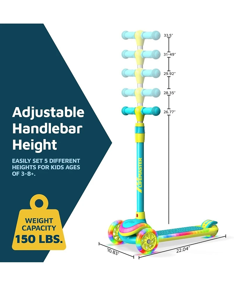 Lifemaster 3-Wheel Kids Scooter with Multi-Color Lights on Deck & Wheels – 5-Height Handlebar, Wide Anti-Slip Deck, Child Safety Certified, Boys & Gir