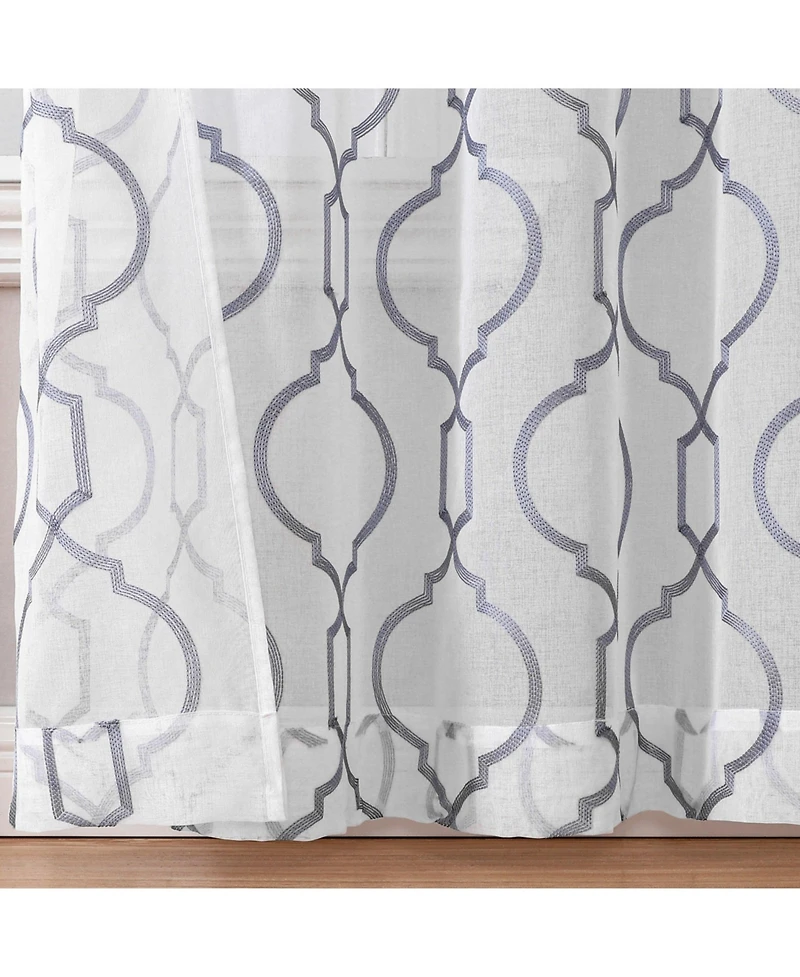 Kate Aurora Transcendence 1 Piece Grommet Top Embroidered Sheer Trellis Clover Window Curtain Panel - Silver